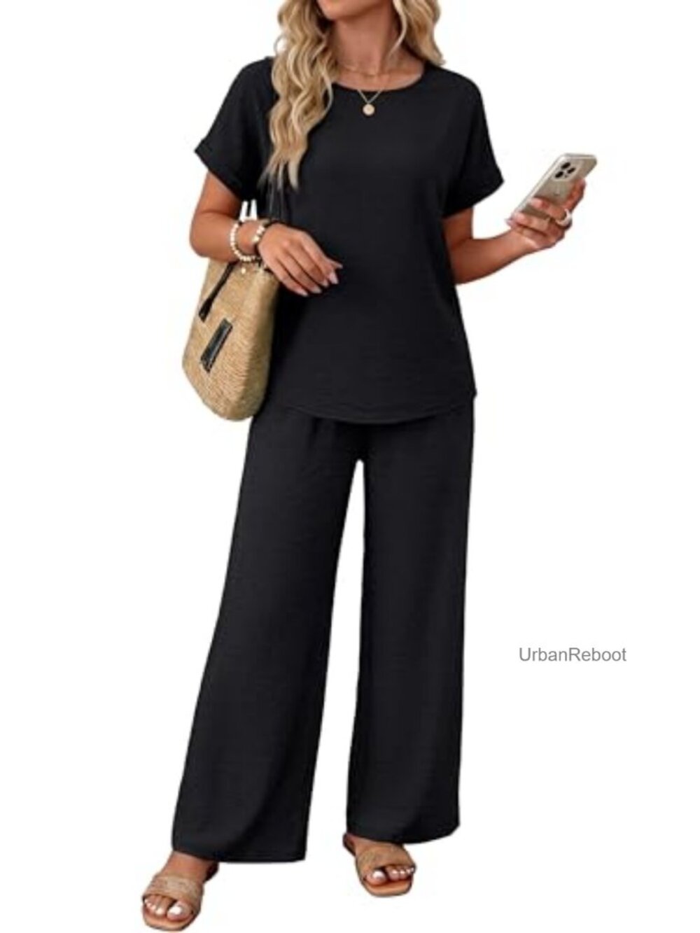Women's 2 Piece Lounge Set Summer Matching Outfit Pleated Short Sleeve Sets